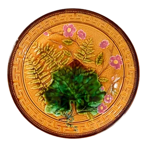 Early 20th Century Majolica Pedestal Cake Stand, Antique Majolica Maple and Fern Leaf Pattern Cake Stand
