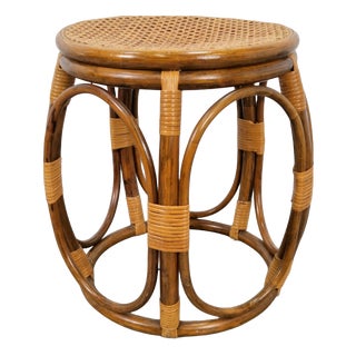 Round Bentwood and Rattan Webbing Stool, 1970s For Sale