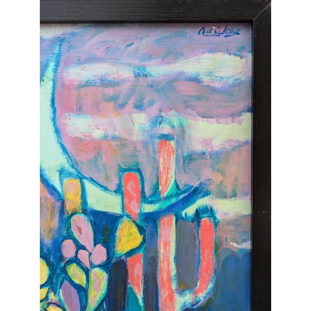 Late 20th Century David Adickes "Crescent and Cactus" Modern Abstract Colorful Desert Night Landscape Painting, 1980's For Sale - Image 5 of 10