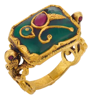Early 20th Century Victorian Ruby Green Glass 20k Yellow Gold Ring, Size 8.25