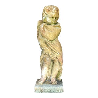 Vintage Boho Patinated Cast Concrete Putti Angel Statue For Sale