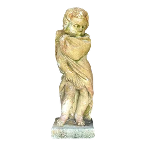 Vintage Boho Patinated Cast Concrete Putti Angel Statue