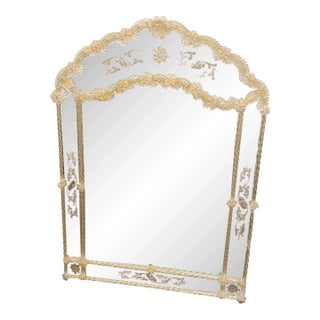 Vintage Italian Murano Glass Venetian Wall Mirror With Floral Engravings & Gold Accents For Sale