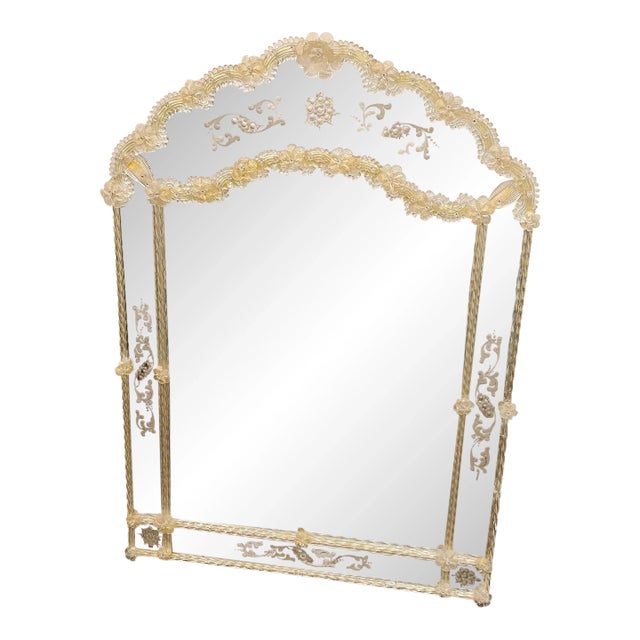 Vintage Italian Murano Glass Venetian Wall Mirror With Floral Engravings & Gold Accents For Sale