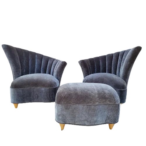 Gray MCM Asymmetrical Lounge Chairs and Ottoman Newly Reupholstered For Sale - Image 8 of 8