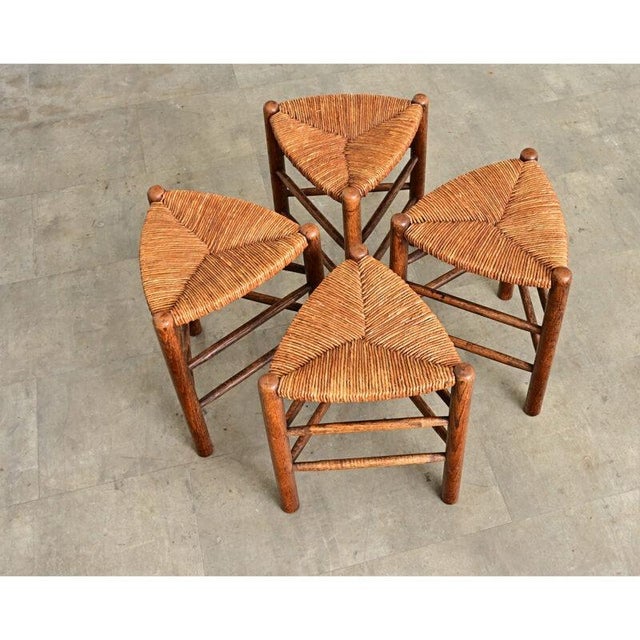 Mid 20th Century French Vintage Set of Four Oak and Rush Seat Triangular Stools For Sale - Image 5 of 9