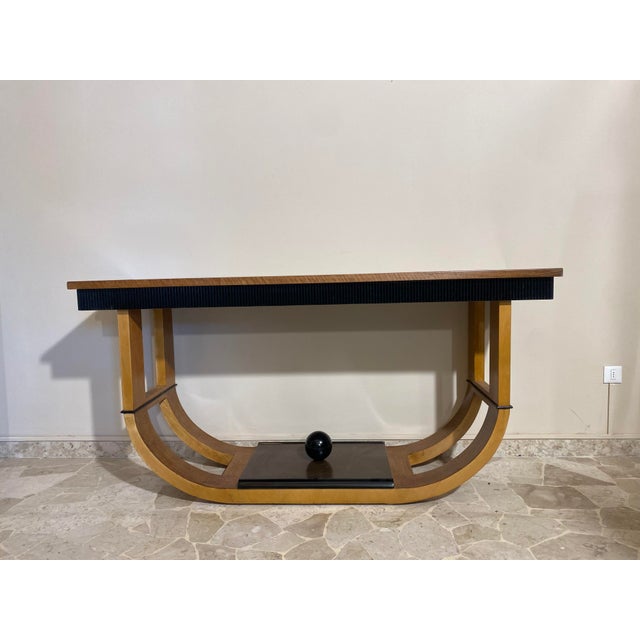 Italian Art Deco Console Table in Inlaid Walnut Root Wood with Deer Decorations, 1930s, in Flawless conditions. Designed...