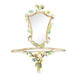 Vintage Tole Floral Mirror and Shelf For Sale