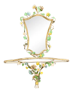 Vintage Tole Floral Mirror and Shelf