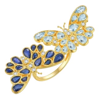 Nina Zhou Sapphire Aquamarine Diamond Two Butterfly Between the Finger Cocktail Ring in 14k Yellow Gold, size 9.5 For Sale