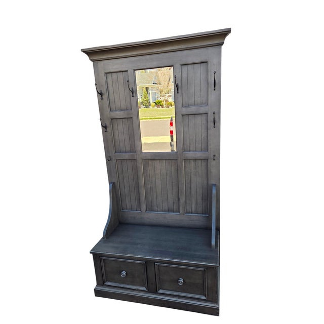 Ethan Allen Ethan Allen Logan Hall Tree Seat New Country Bench Coat Rack Trunk Mirror Grey For Sale - Image 4 of 15