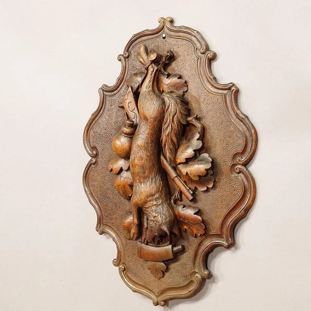 Antique Wooden Carved Black Forest Game Plaque with Fox, 1890s For Sale - Image 3 of 9