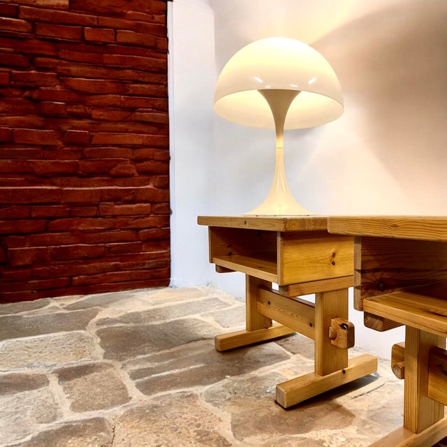 Pair of brutalist trestle tables | scandinavia, c. 1970s minimalist pine nightstands or side tables with architectural...