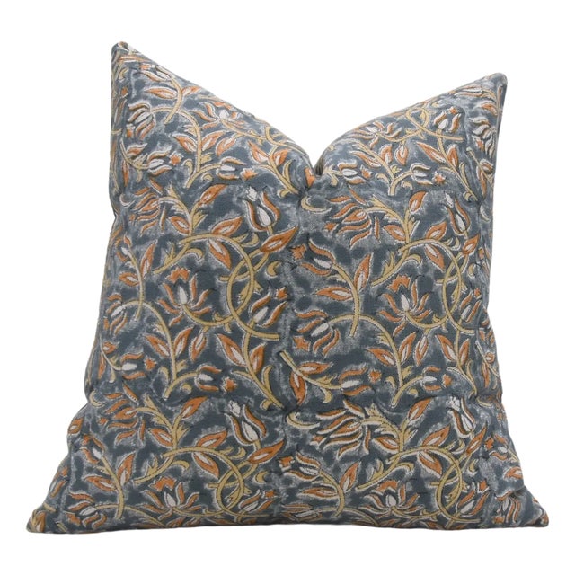 Fabdivine Floral Block Print Pillow Cover 14x14 Inch Duck Canvas-Kamal Dutta For Sale