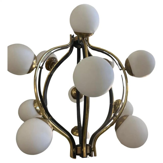 Stilnovo 1950s Mid--Century Modern Brass and White Glass 12 Lights Chandelier by Stilnovo For Sale - Image 4 of 14