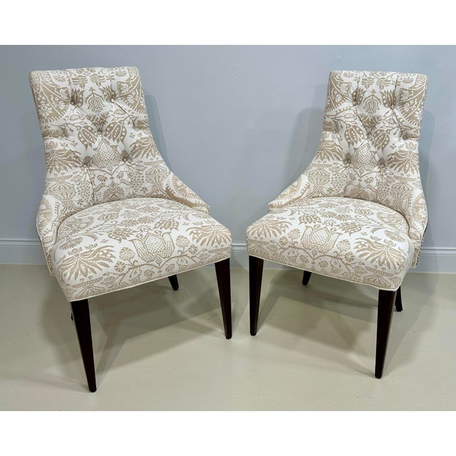 Baker Furniture Thomas Pheasant Upholstered Side Chairs – Newly Reupholstered in Screen-Printed Linen With Rubelli Back (Pair) For Sale In West Palm - Image 6 of 11