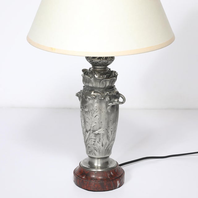 Art Nouveau Art Nouveau Rosso Levanto Marble Base & Pewter Table Lamp Signed E. Lelièvre For Sale - Image 3 of 16
