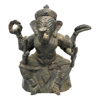 Antique Bronze Ganesha Seated Meditation Four Hands Hindu Ganapati Sculpture For Sale