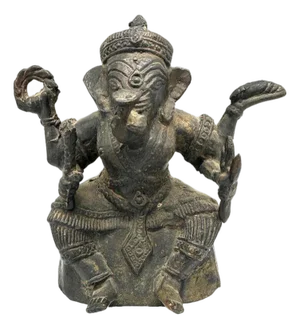 Antique Bronze Ganesha Seated Meditation Four Hands Hindu Ganapati Sculpture