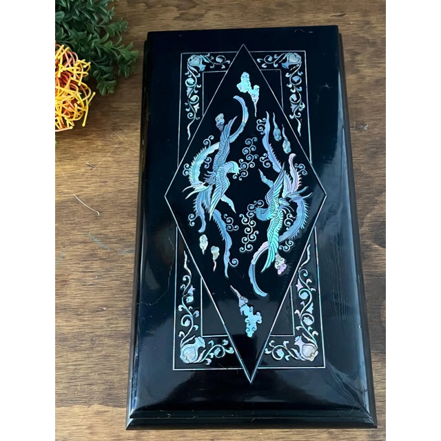Traditional Vintage Korean Lacquer Trinket Box – Mother of Pearl Inlay, Ashtray Insert For Sale - Image 3 of 9