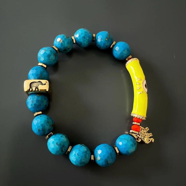 Evil Eye & Elephant Turquoise Stone Beaded Bracelet For Sale - Image 10 of 11