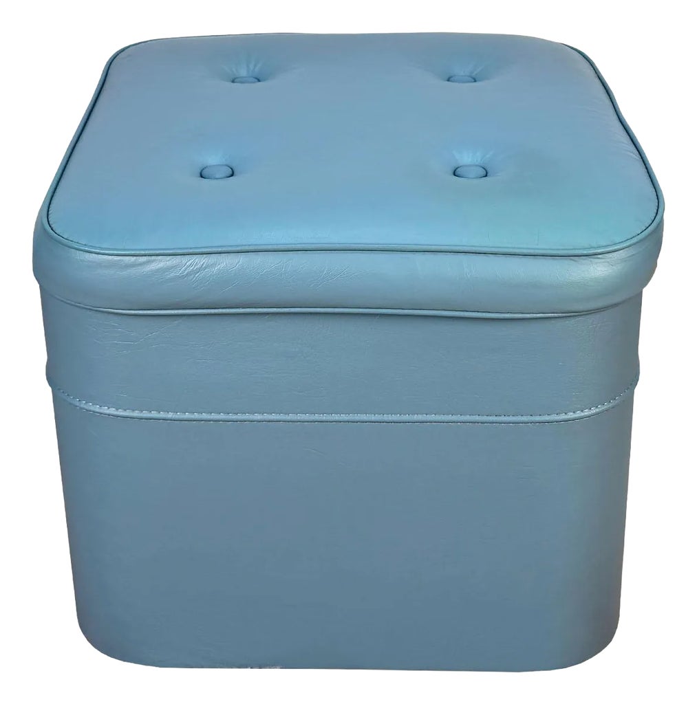 Mid-Century Modern Powder Blue Button Tuft Storage Ottoman Hassock