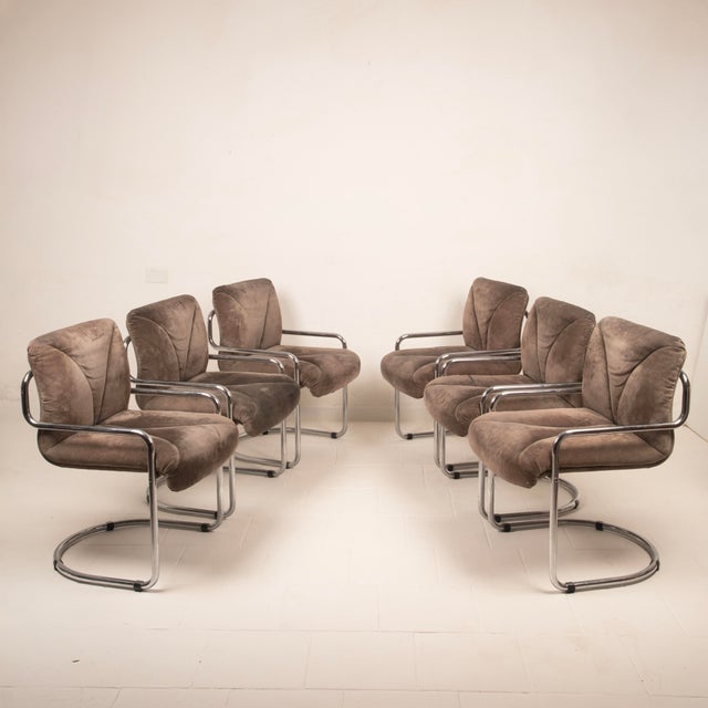 Italian Astro Chrome and Taupe Suede Armchairs by Guido Faleschini for I4 Mariani, 1979, Set of 6 For Sale - Image 4 of 18
