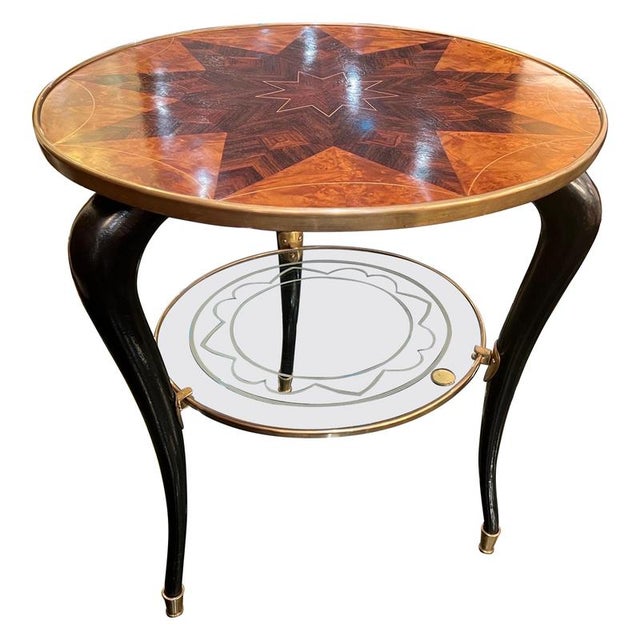 Black Italian Marquetry Brass and Glass 2-Tiered Side Table, 1959 For Sale - Image 8 of 8