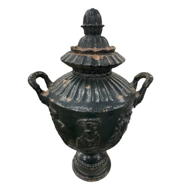 Neoclassical Vintage Cast Iron Urns With Classical Figural Reliefs For Sale - Image 3 of 12