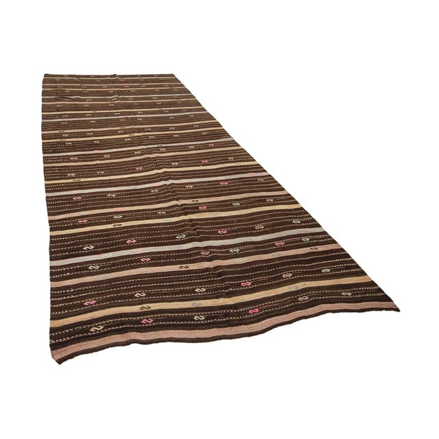 Traditional Striped Vintage Brown Kilim Rug For Sale - Image 3 of 7
