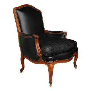 Louis XV French Black Leather Bergere Armchair with Brass Stud Detailing For Sale
