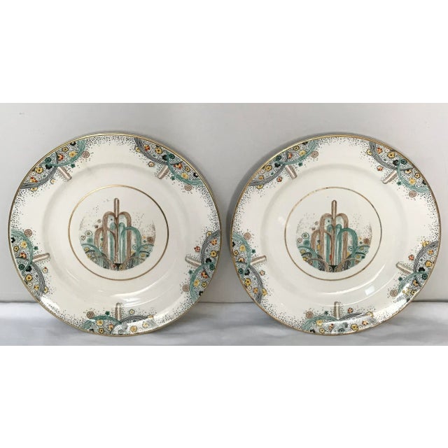 Antique Johnson Bros. Art Deco Les Fontaines Paris Exposition 1925 Hand Painted Luncheon Plates, Set of 2 For Sale - Image 10 of 10