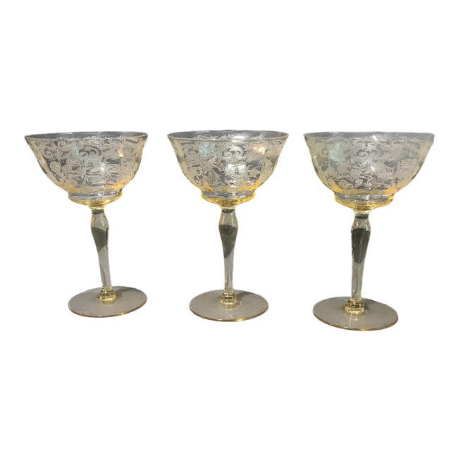 Glass Vintage Fostoria Yellow Versailles Floral Wine Cocktail Glasses- Set of 3 For Sale - Image 7 of 7