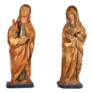 Spanish Artist, Saint John the Baptist and the Virgin Mary from a Crucifixion Group, 1500, Walnut, Set of 2 For Sale