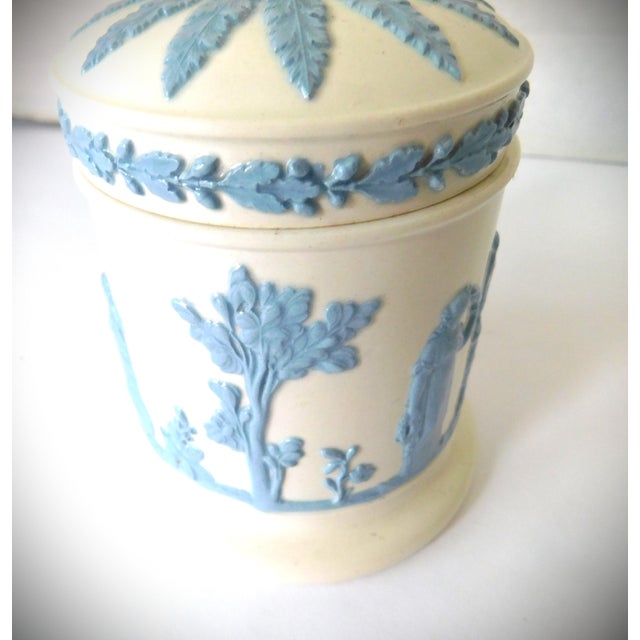 Ceramic Wedgwood of Etruria & Barlaston Embossed Queensware Blue White Covered Jar Canister Made in England For Sale - Image 7 of 11