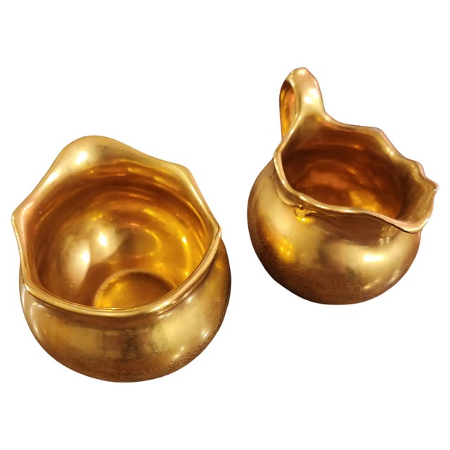 1950s 1950s Gold Porcelain Sugar Creamer Set Wheeling W Virginia For Sale - Image 5 of 7
