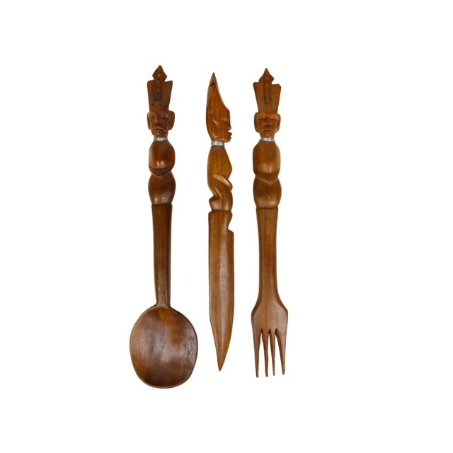 Mid 20th Century Vintage Hand Carved Solid Wood Salad Serving Utensils - Set of 3 For Sale - Image 10 of 10
