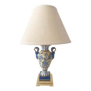 Exquisite Blue, Yellow, & White Floral & Striped Porcelain/Ceramic Urn/Vase Style With Brass Base and Upper Lamp Excellent Condition