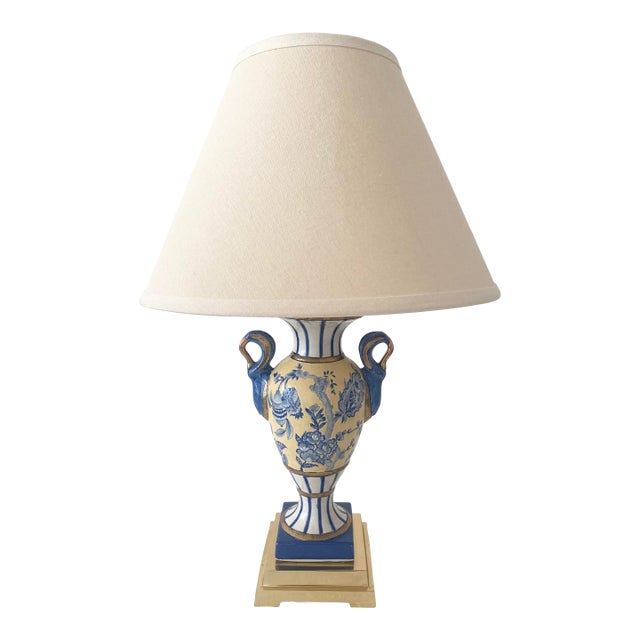 Vintage Exquisite Blue, Yellow, & White Floral & Striped Porcelain/Ceramic Urn/Vase Style With Brass Base and Top Lamp Excellent Condition For Sale