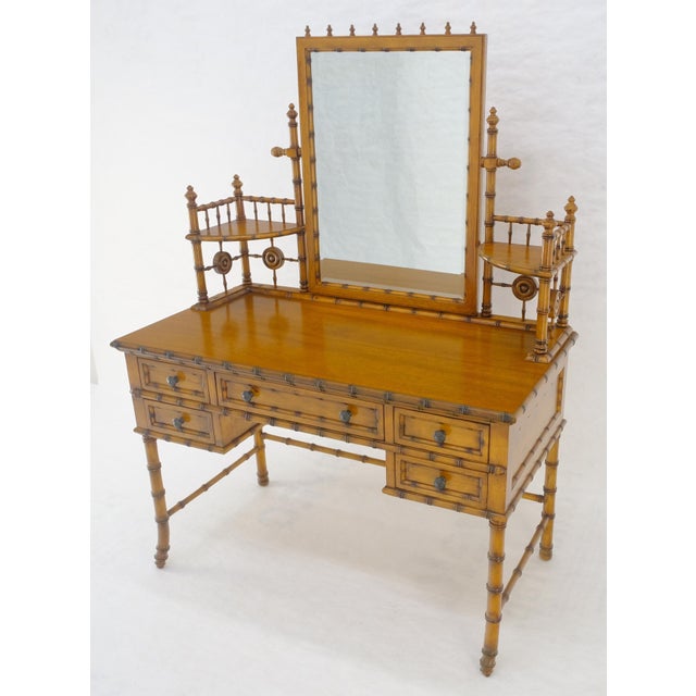 Baker Furniture Company Fine Faux Burnt Bamboo Vanity Dressing 5 Drawers Table Tilting Mirror MINT For Sale - Image 4 of 18