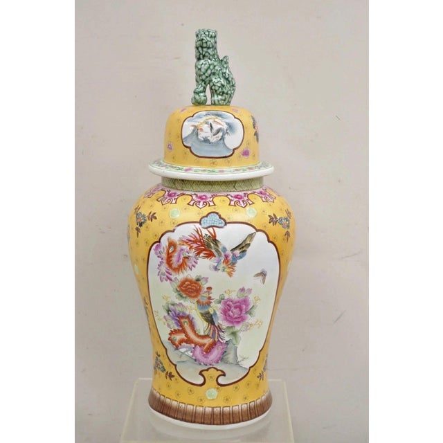 Chinoiserie Vintage Chinese Porcelain Large Foo Dog Covered Temple Urns Ginger Jars - A Pair For Sale - Image 3 of 12