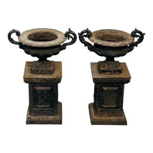 Antique Cast Iron Neo Classical Urns on Plinths a Pair