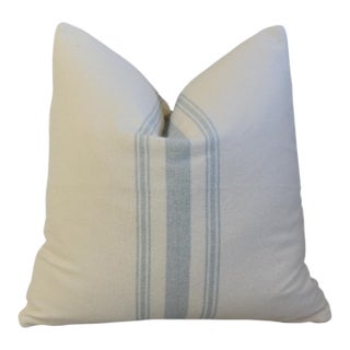 Pale Teal Striped Grain Sack Fabric Coastal Feather/Down Pillow For Sale