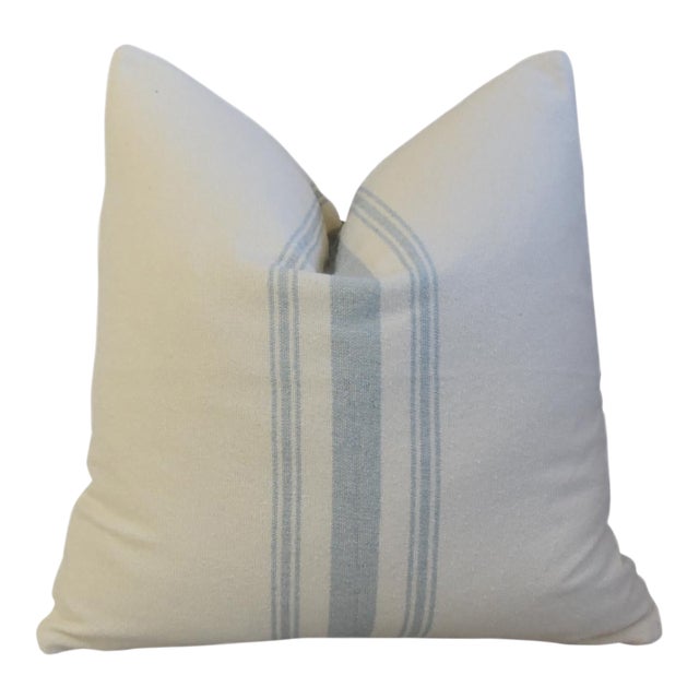 Pale Teal Striped Grain Sack Fabric Coastal Feather/Down Pillow For Sale