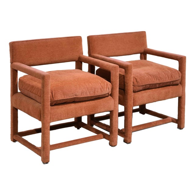 1970s Hollywood Regency Milo Baughman Style Parsons Geometric Armchairs - Set of 2 For Sale
