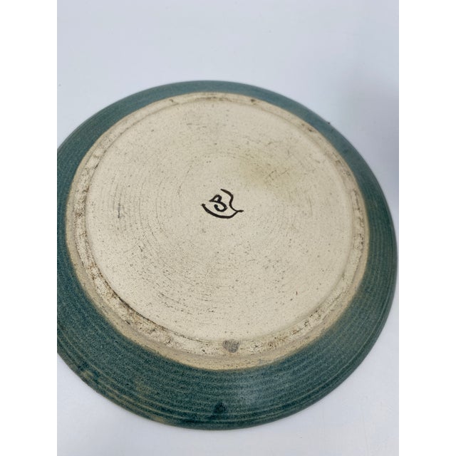 Vintage Studio Pottery Covered Berry Bowl With Lid and Drip Plate, Blue Green Ceramic Colander, Signed Handmade Produce Keeper For Sale - Image 12 of 13