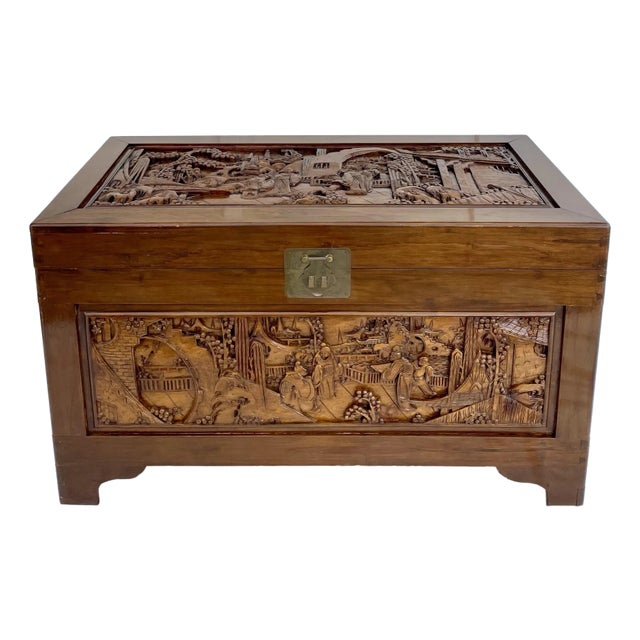 Vintage Chinese Intricately Carved Wood Camphor Chest For Sale