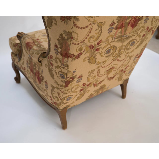 Early 20th Century Antique French Country Louis XV Style Carved Oak Bergere Wingback Chairs Pair For Sale - Image 11 of 15