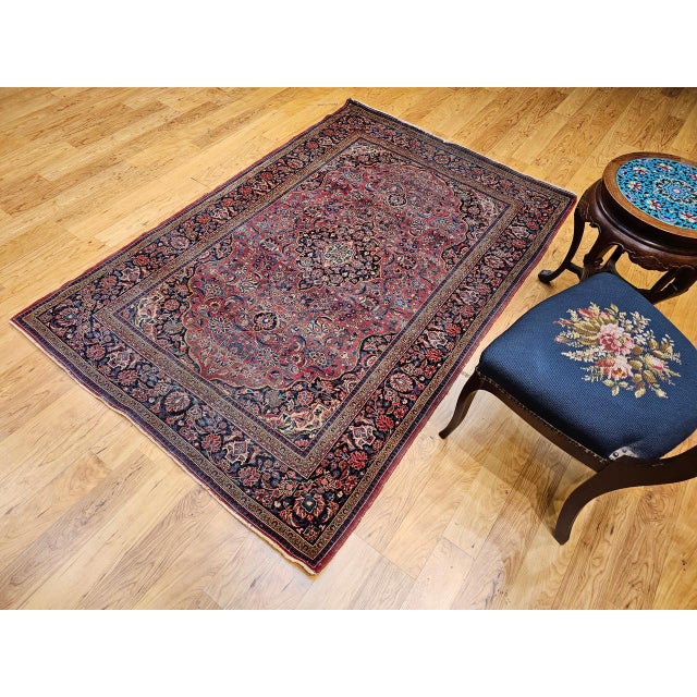 Persian Vintage Persian Kashan Rug, Hand-Knotted Wool & Cotton, Floral Pattern, Red & Navy, 4x6 For Sale - Image 3 of 18