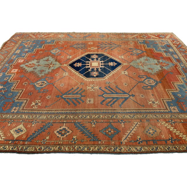 19th Century Antique Serapi Rug With Terracotta & Indigo Medallion For Sale - Image 9 of 12